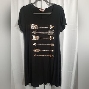 SJS Black Tee Dress with Metallic Rose Gold Arrow Design Sz XL